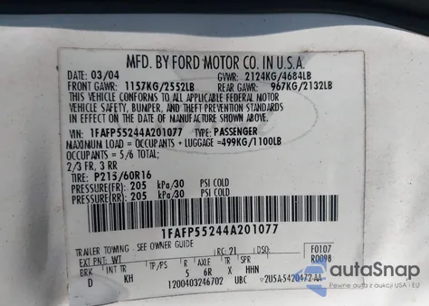 2004 Ford Taurus Ses from USA, damaged, VIN 1FAFP55244A201077